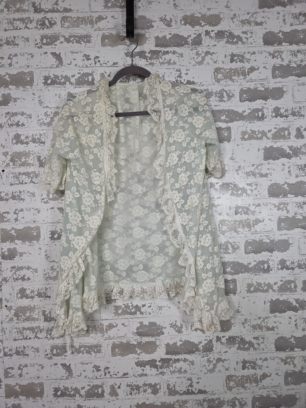 Vintage 90s Cottagecore Mint Green Floral Lace Ruffle Cardigan Kimono Jacket